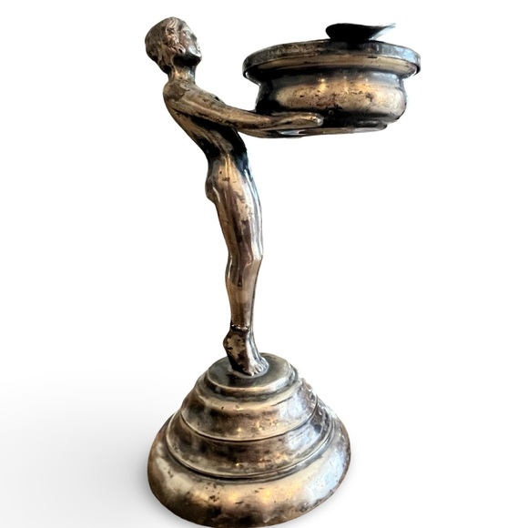 Antique 1920 Art Deco Figural Silver Ashtray Statue